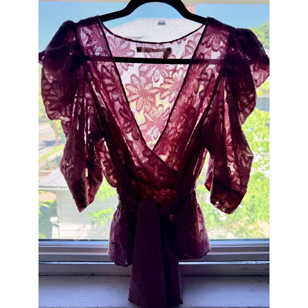 Chelsea & Violet Floral Burnout Wrap Top Blush Pink Puff Sleeve Size Small